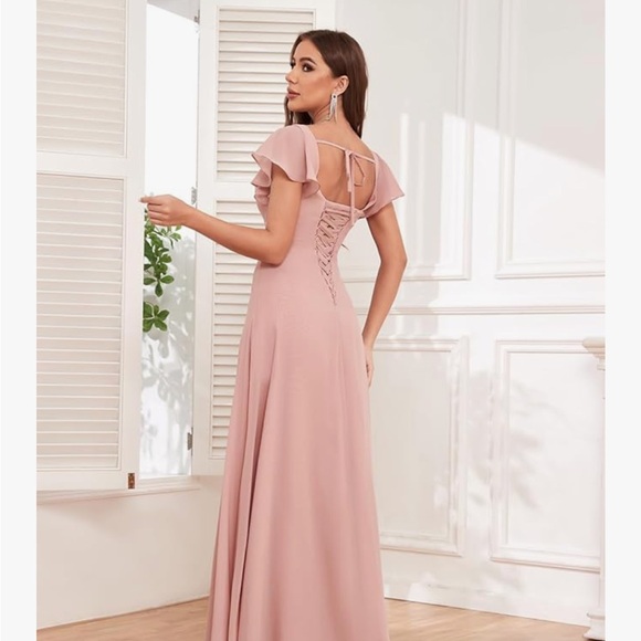 Bridesmaid Dress with Sleeves Chiffon A Line Long Formal Dresses with Slit - Picture 5 of 7